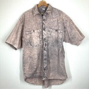 Acid Wash Mens StreetWear Shirt XL Short Sleeves Button Down Pockets Pink Gray